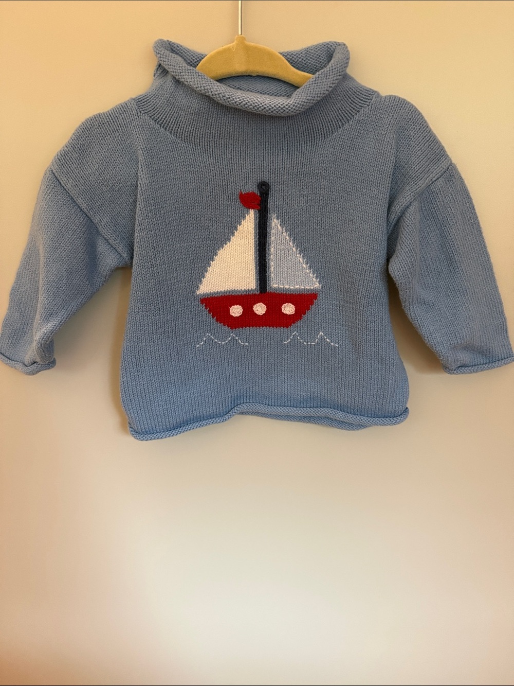 Light Blue Knit Sweater with Red Sailboat for Kids